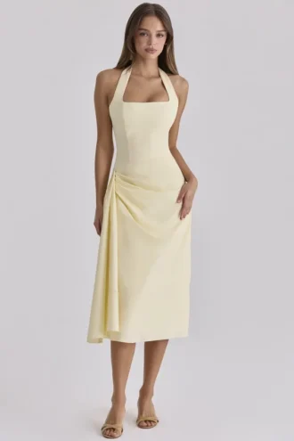 Tallulah Lemon Halter Neck Cotton Midi Dress