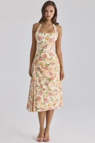 Tallulah Warm Rose Print Halter Neck Cotton Midi Dress