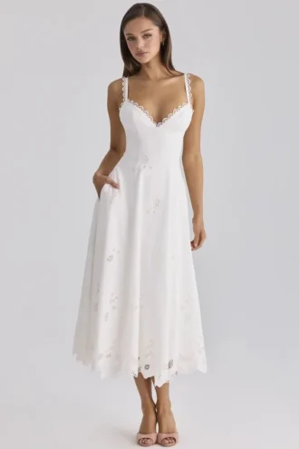 Tatiana White Cotton Broderie Anglaise Midi Sundress