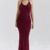 Thalina Wine Draped Halter Neck Maxi Dress