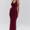 Thalina Wine Draped Halter Neck Maxi Dress