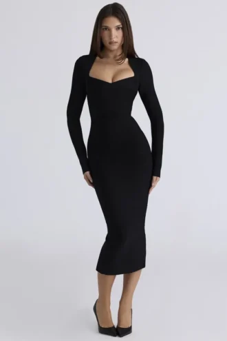 The Naomi Black Long Sleeve Bandage Midi Dress