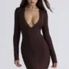 The Super Plunge Chocolate Long Sleeve Bandage Mini Dress