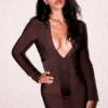The Super Plunge Chocolate Long Sleeve Bandage Mini Dress