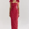 Tiff Holly Red Velvet Lace Maxi Dress