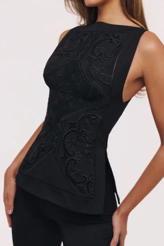 Valencia Black Cotton Placement Lace Broderie Anglaise Boat Neck Top