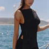 Valencia Black Cotton Placement Lace Broderie Anglaise Boat Neck Top