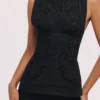 Valencia Black Cotton Placement Lace Broderie Anglaise Boat Neck Top