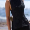 Valencia Black Cotton Placement Lace Broderie Anglaise Boat Neck Top