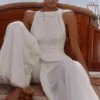 Valencia White Cotton Placement Lace Broderie Anglais Boat Neck Top