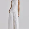 Valencia White Cotton Placement Lace Broderie Anglais Boat Neck Top