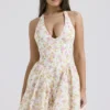 Valentia Ivory Meadow Print Cotton Halter Mini Dress