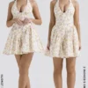 Valentia Ivory Meadow Print Cotton Halter Mini Dress