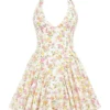 Valentia Ivory Meadow Print Cotton Halter Mini Dress