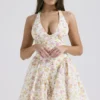 Valentia Ivory Meadow Print Cotton Halter Mini Dress