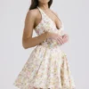 Valentia Ivory Meadow Print Cotton Halter Mini Dress
