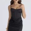 Valentina Black Satin Draped Corset Maxi Dress