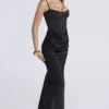 Valentina Black Satin Draped Corset Maxi Dress