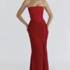 Valerie Red Satin Lace Strapless Maxi Dress