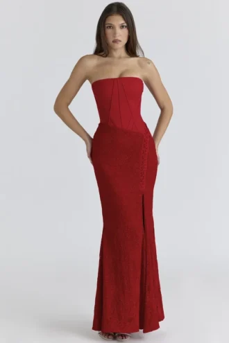Valerie Red Satin Lace Strapless Maxi Dress