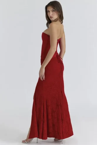 Valerie Red Satin Lace Strapless Maxi Dress