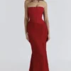 Valerie Red Satin Lace Strapless Maxi Dress