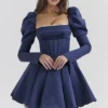 Venetia Midnight Satin Puff Sleeve Mini Dress