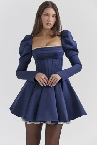 Venetia Midnight Satin Puff Sleeve Mini Dress