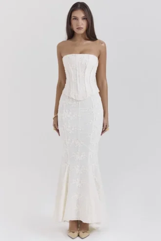 Veronica Vintage Ivory Embroidered Godet Maxi Skirt