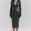 Viola Black Vegan Leather Long Sleeve Midi Dress