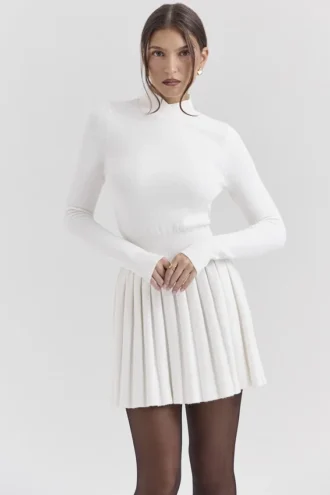 Willow White Cashmere Blend Pleated Skated Mini Dress