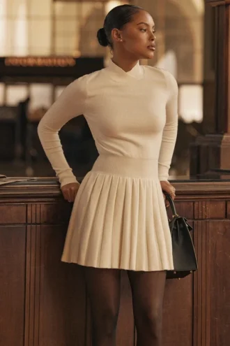 Willow White Cashmere Blend Pleated Skated Mini Dress