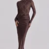 Yasmeen Espresso Brown Lace + Satin Draped Maxi Dress
