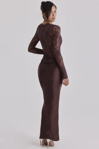 Yasmeen Espresso Brown Lace + Satin Draped Maxi Dress