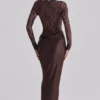 Yasmeen Espresso Brown Lace + Satin Draped Maxi Dress