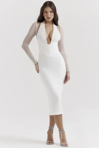 Yasmin White Plunge Midi Dress