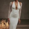 Yasmin White Plunge Midi Dress