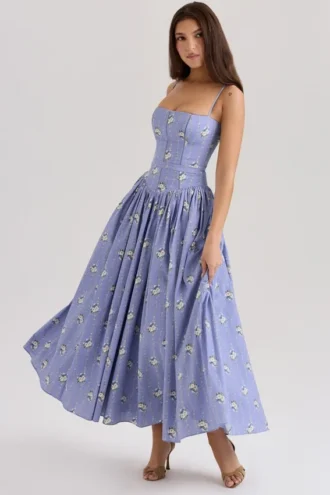Ysabella Blue Daisy Print Stretch Cotton Midi Sundress