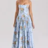 Ysabella Blue Vintage Rose Print Cotton Midi Sundress
