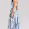 Ysabella Blue Vintage Rose Print Cotton Midi Sundress
