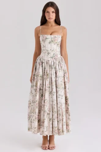 Ysabella Cream Floral Print Cotton Midi Sundress