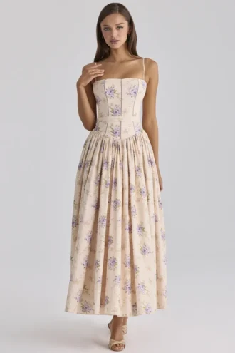 Ysabella Ivory Sweet Peony Floral Print Cotton Midi Sundress