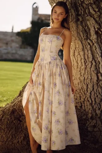Ysabella Ivory Sweet Peony Floral Print Cotton Midi Sundress