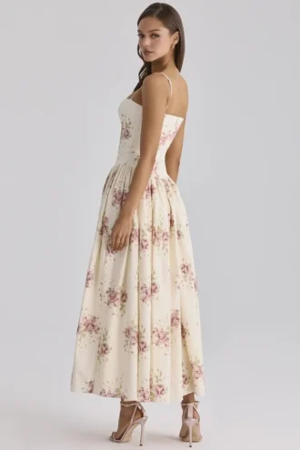 Ysabella Ivory Vintage Rose Print Cotton Midi Sundress