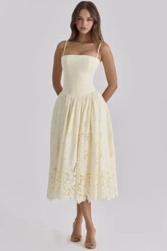 Ysabella Lemon Custom Lace + Broderie Anglaise Midi Sundress