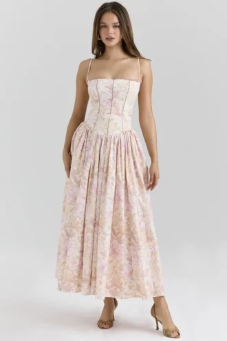 Ysabella Peach Floral Print Stretch Cotton Midi Sundress