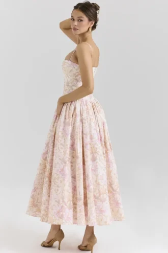 Ysabella Peach Floral Print Stretch Cotton Midi Sundress