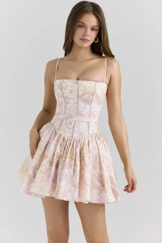 Ysabella Peach Floral Print Stretch Cotton Mini Sundress