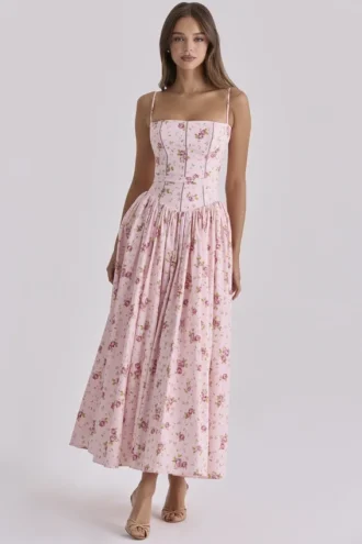Ysabella Pink Vintage Rose Print Cotton Midi Sundress
