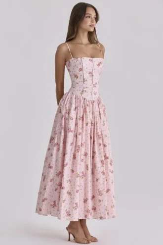 Ysabella Pink Vintage Rose Print Cotton Midi Sundress